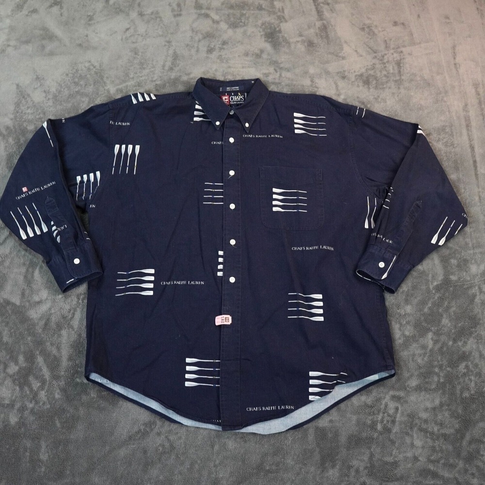 Vintage Ralph Lauren Chaps Shirt Mens Large Blue Preppy Crew Paddles AOP